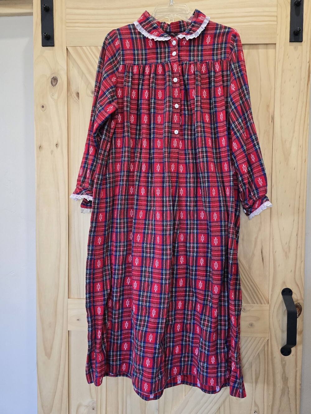 Vintage Lanz of Salzburg Red Plaid Tartan Cotton Lace Flannel Nightgown Size M